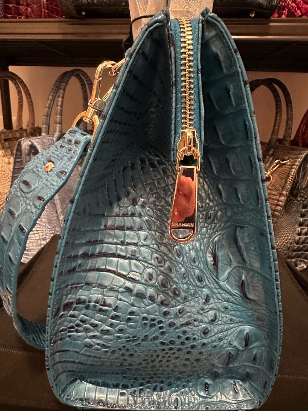 Sale Today! Brahmin Vibrant Azure Large Caroline Teal Leather Tote - Picture 8 of 13